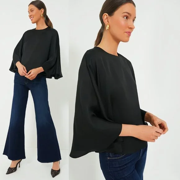 Tuckernuck NEW Black Selma Satin Twill Cape Flowy Round Neck Blouse Top Size M - Picture 2 of 8
